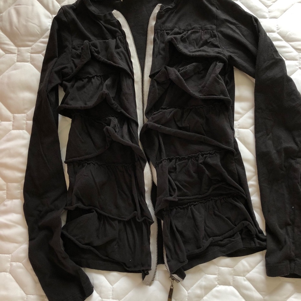 mystree black ruffle zip up cardigan